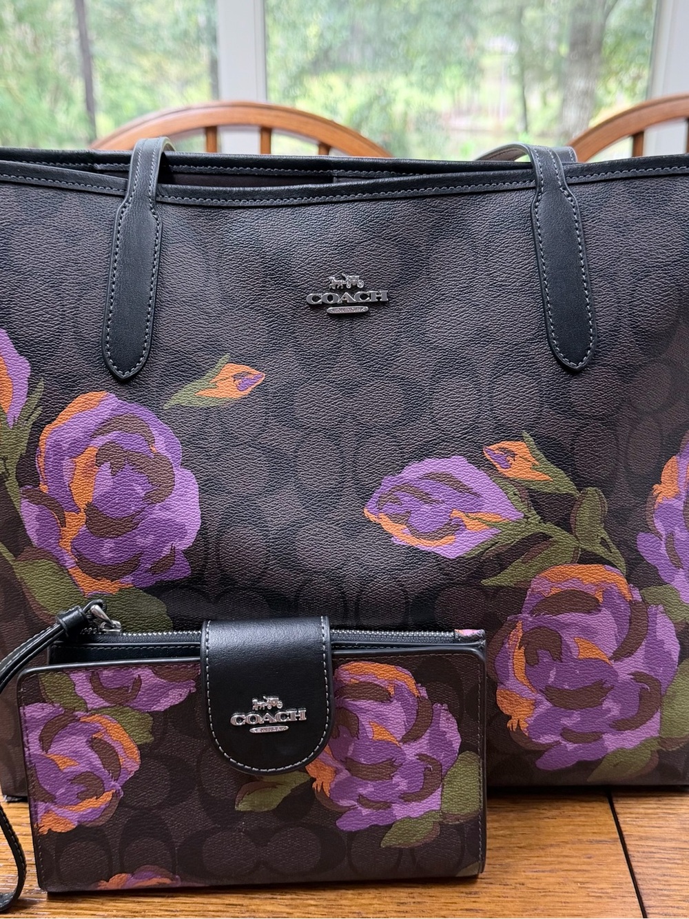 Coach Floral Signature Tote and Wristlet in Purple and Black